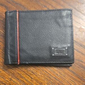 Guess Black Leather Bi-Fold Wallet with Red Trim and Metal Logo